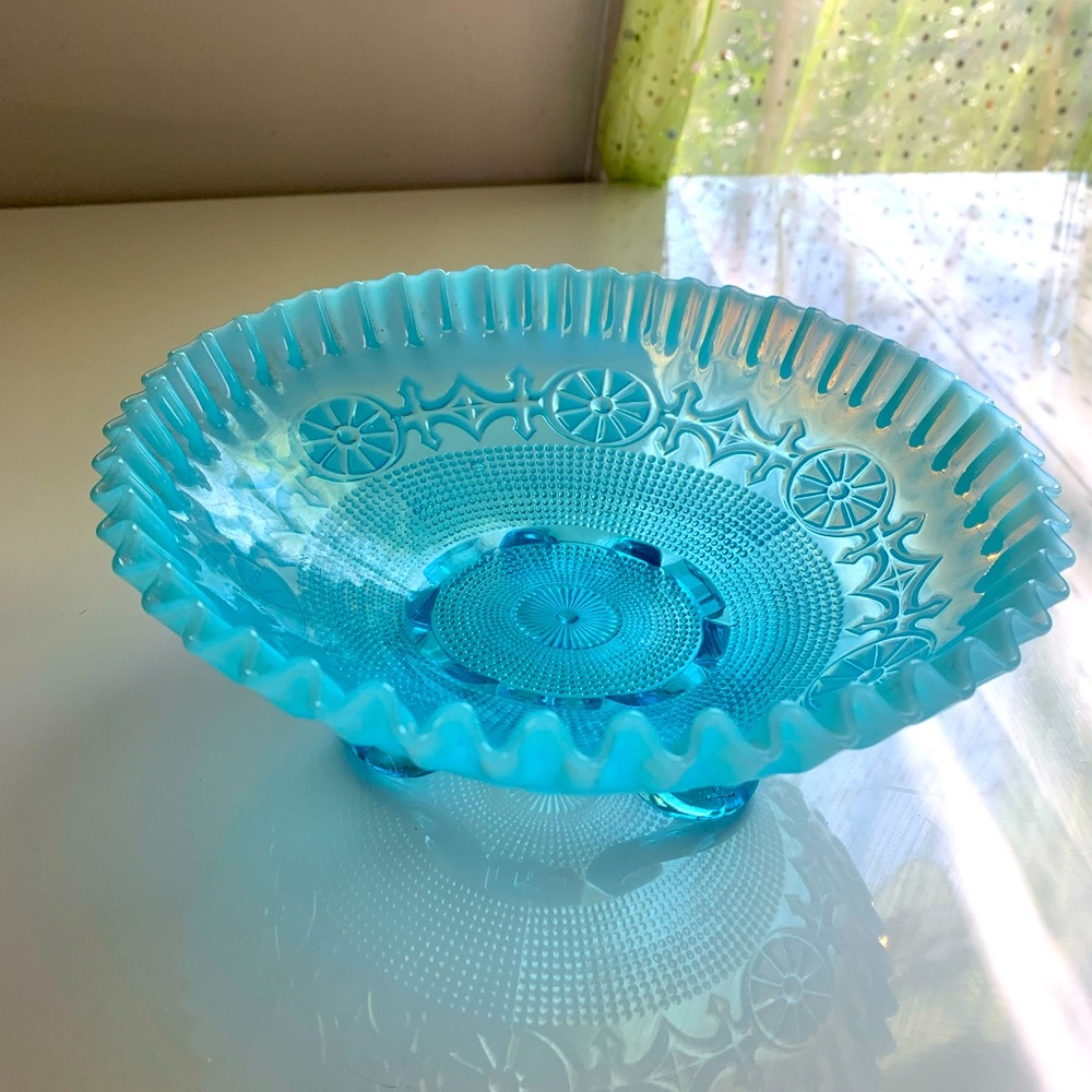 Antique Jefferson Art Glass Bowl - Blue Opalescent Glass in Wheels Pattern